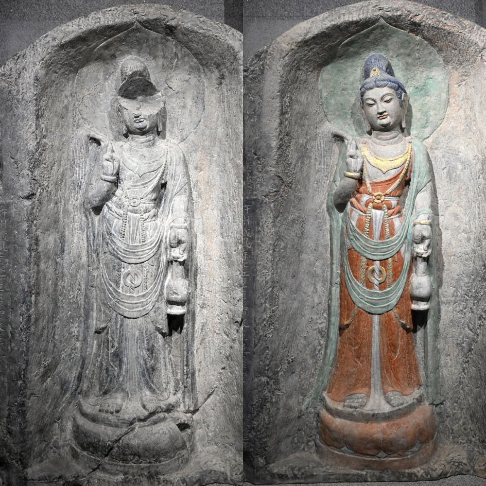 左圖為龍門石窟萬佛洞窟前南壁菩薩造像的3D打印模型；右圖為利用數(shù)字化技術(shù)復(fù)原后的3D打印模型（2025年4月10日攝，拼版照片）。復(fù)原后的像龕精妙絕倫，栩栩如生，被游客譽(yù)為“龍門最美菩薩”。圖片來源新華社